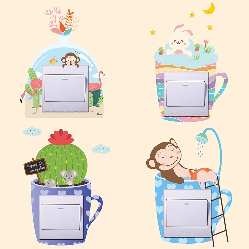 Cartoon Monkey Cat Polar Bear Penguin Cactus Switch Panel Stickers For Home Decor Living Room PVC Animal Mural Wall Art Decals