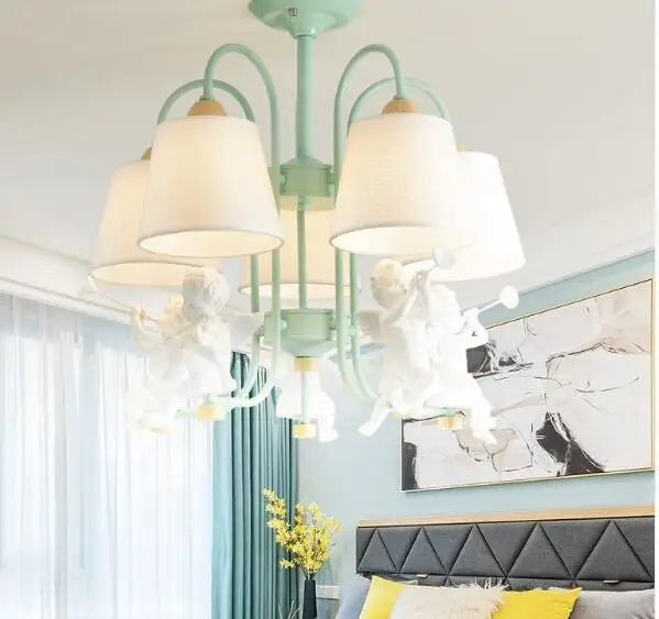 

Angels LED Chandelier With Cloth Lampshade For Living Room White Metal Chandeliers Green E27 Lustre Wooden Hanglamp MING