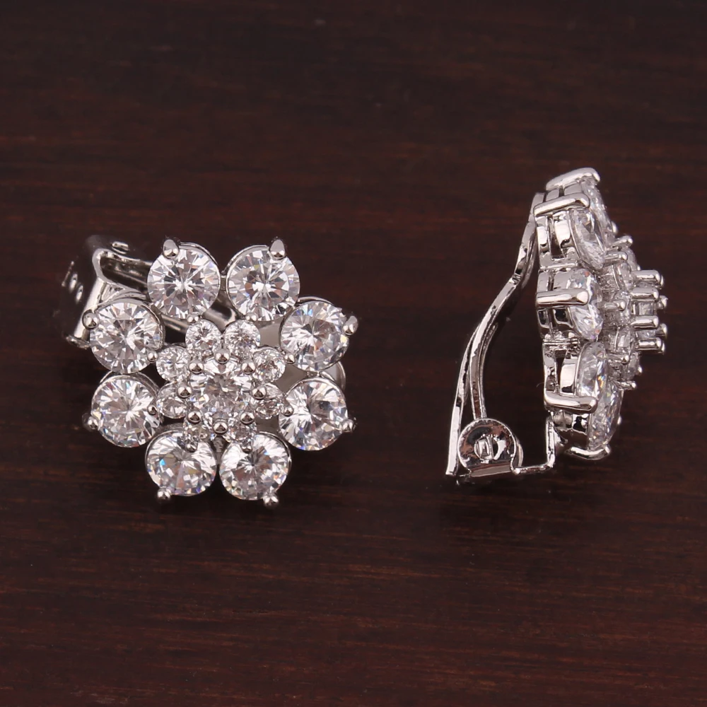 AAA Cubic Zircon Flower Shape Clip on Earrings For Women Bride Wedding Elegant No Hole Earrings No Allergy