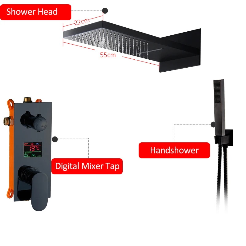 Смеситель для душа Наборы цифровой Дисплей Настенные дождь водопад Насадки для душа хром душевой смеситель с ручным душем - Цвет: Black