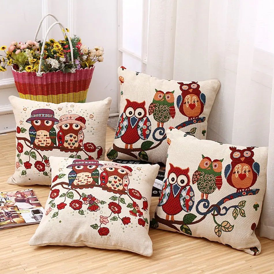 

2pcs/set 50*50cm Cartoon Double side embroider Pillow cover Animal owl bird home hotel car Decor Cotton pillow case