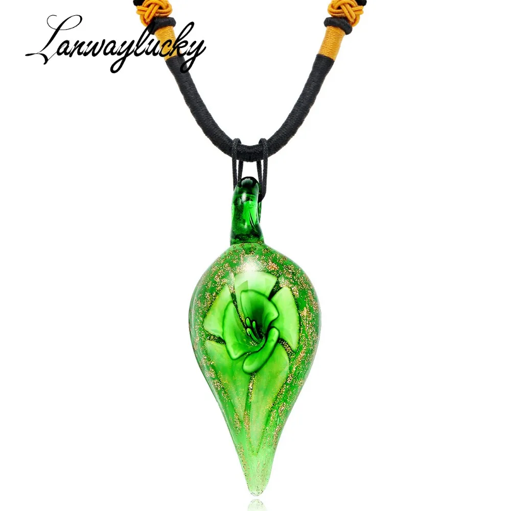 

Fashion Flower Lampwork Water Droplet Shape Murano Glass Pendant Women Braided Rope Chain Necklace Green Purple Color Pendents