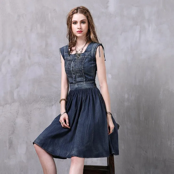 

Summer Square Collar Denim Dress Women Elegant Short Blue Jeans Dresses Collect Waist Casual Holiday Ladies Beach Sundress