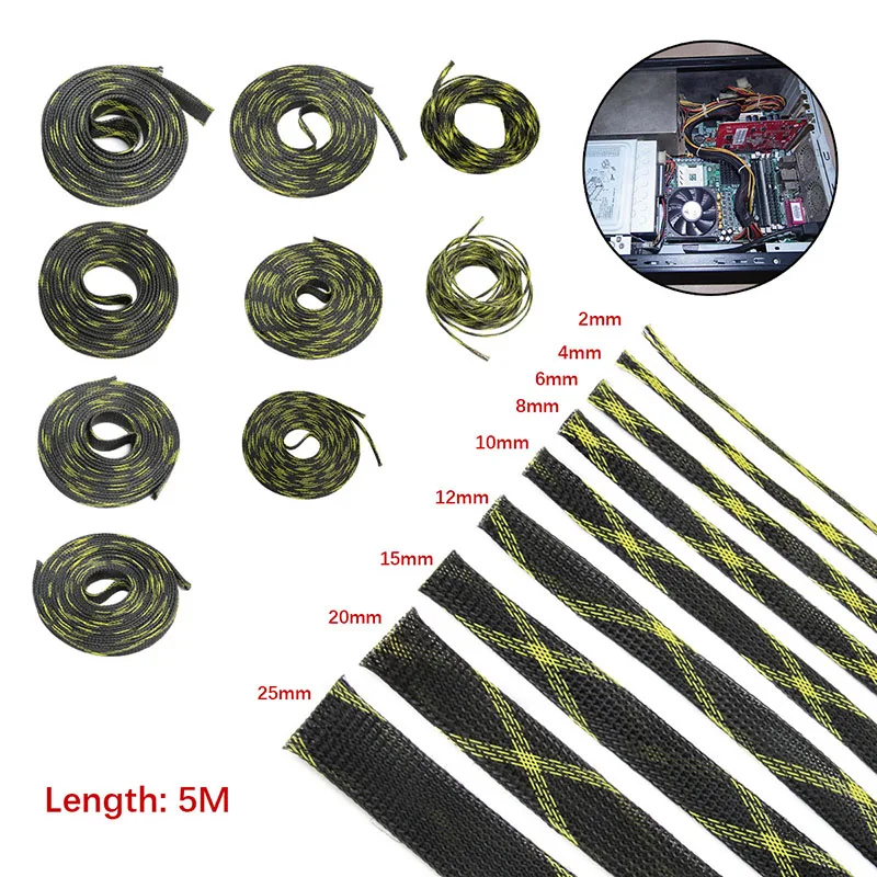

5M Yellow&Black Insulation Braided Sleeving 2/4/6/8/10/12/15/20/25mm Expandable Tight PET Wire Gland Protection Cable Sleeve