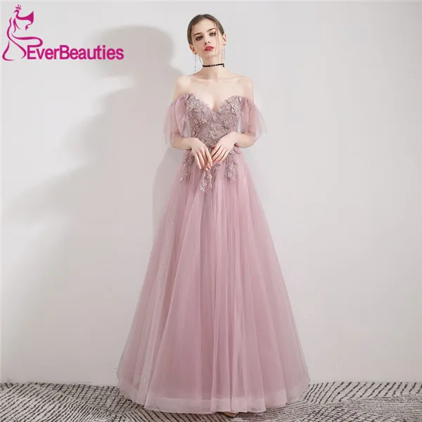 

Robe De Soiree Elegant Prom Dress Long 2019 Tulle Appliques Cap Sleeves Arabia Formal Party Evening Gown