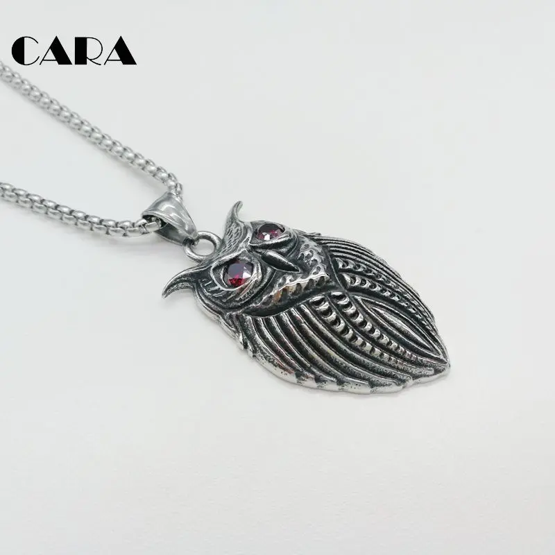 

CARA New womens cute night owl charm necklace 316L stainless steel red crystal eyes night owl animal pendant necklace CARA0317