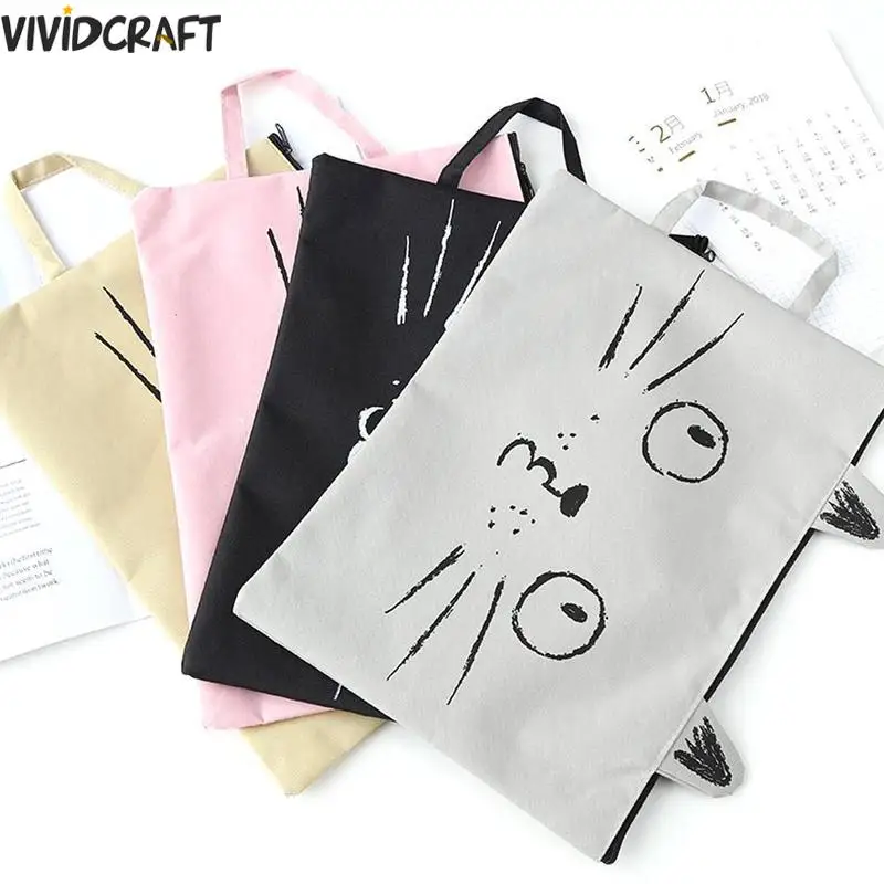 

Cute Cat A4 Canvas Bag Fabric File Folder Document Bag Briefcase Paper Storage Organizer Bag Office School Supplies