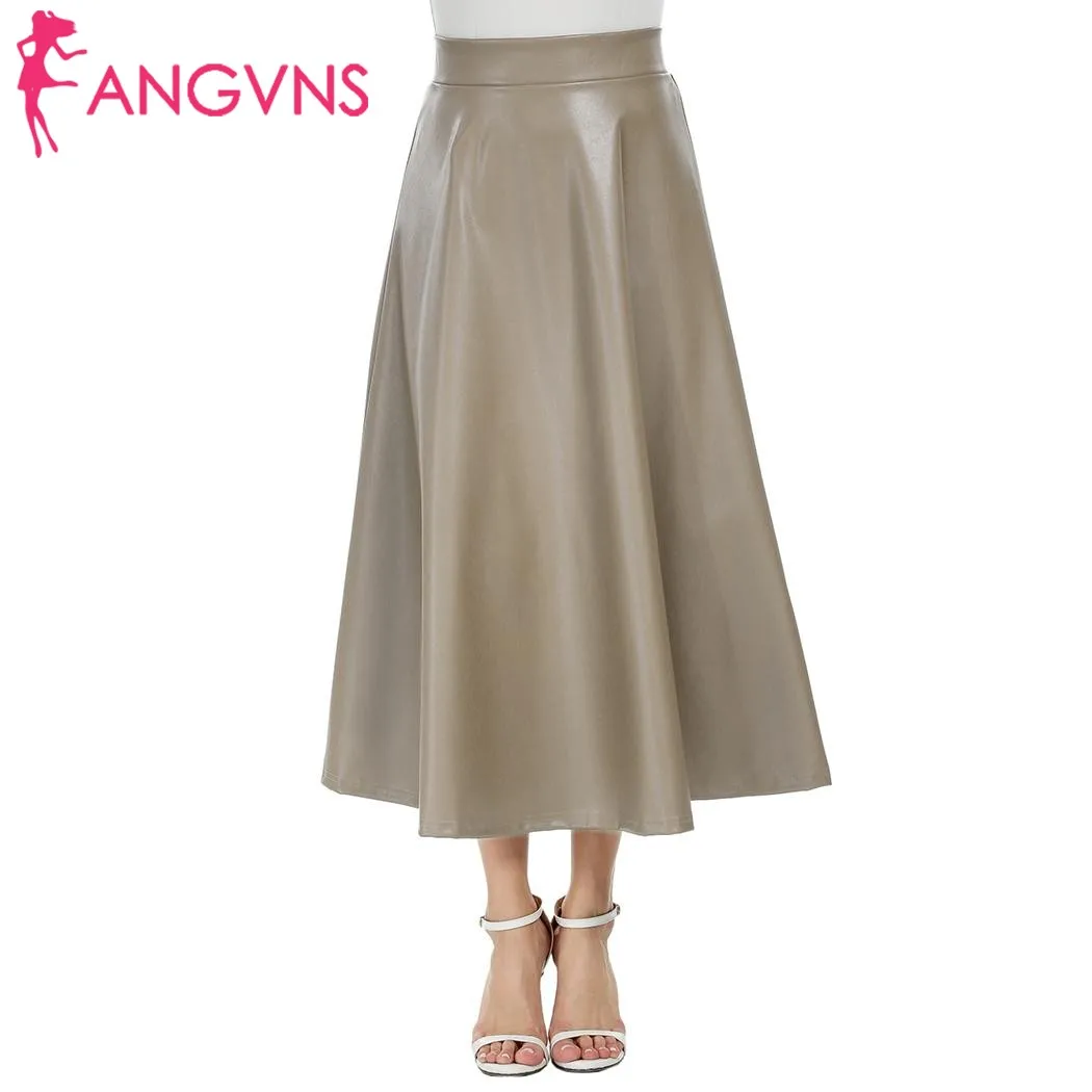 ANGVNS Winter Womens Maxi Skirt PU leather long skirt Slim Waist Autumn Vintage fashion Pleated Swing skirt Black 2018 Spring Skirts