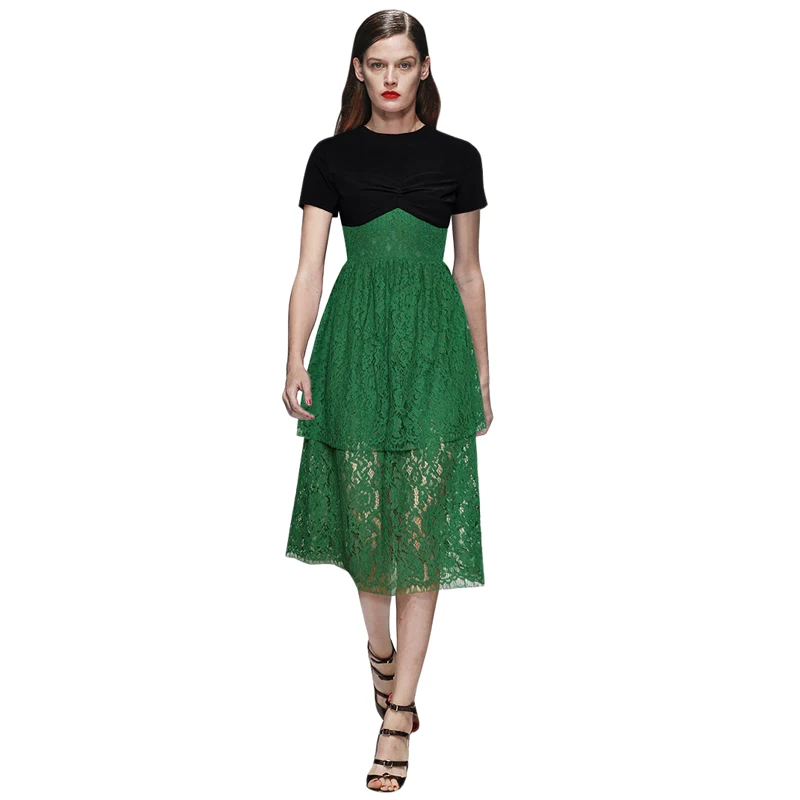 lace patchwork green dress round neck ruched bustier short sleeves multi-layered midi dress summer 2019 woman casual dresses