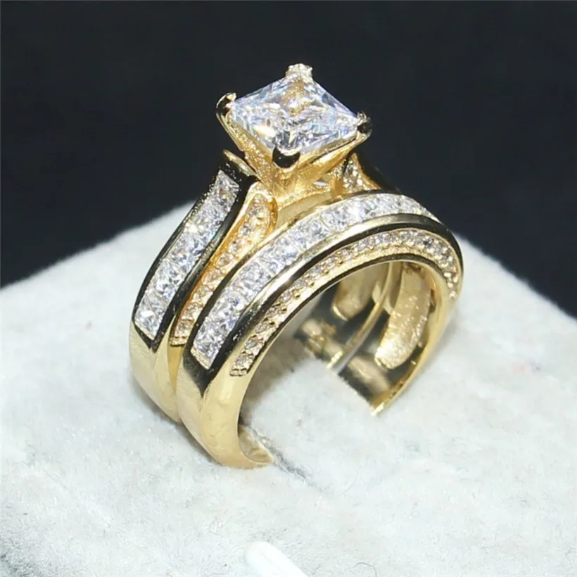 Vecalon Fashion Jewelry Women ring 7*7MM Princess cut 15ct 5A zircon Stone 925 SILVER/14KT Gold