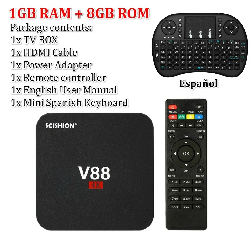 SCISHION V88 Android tv Box IP tv ОС Android 9,0 1 ГБ ОЗУ 8 Гб RK3229 четырехъядерный 1080P WiFi HDMI смарт ТВ приставка медиаплеер - Цвет: 1G Black ES Keyboard