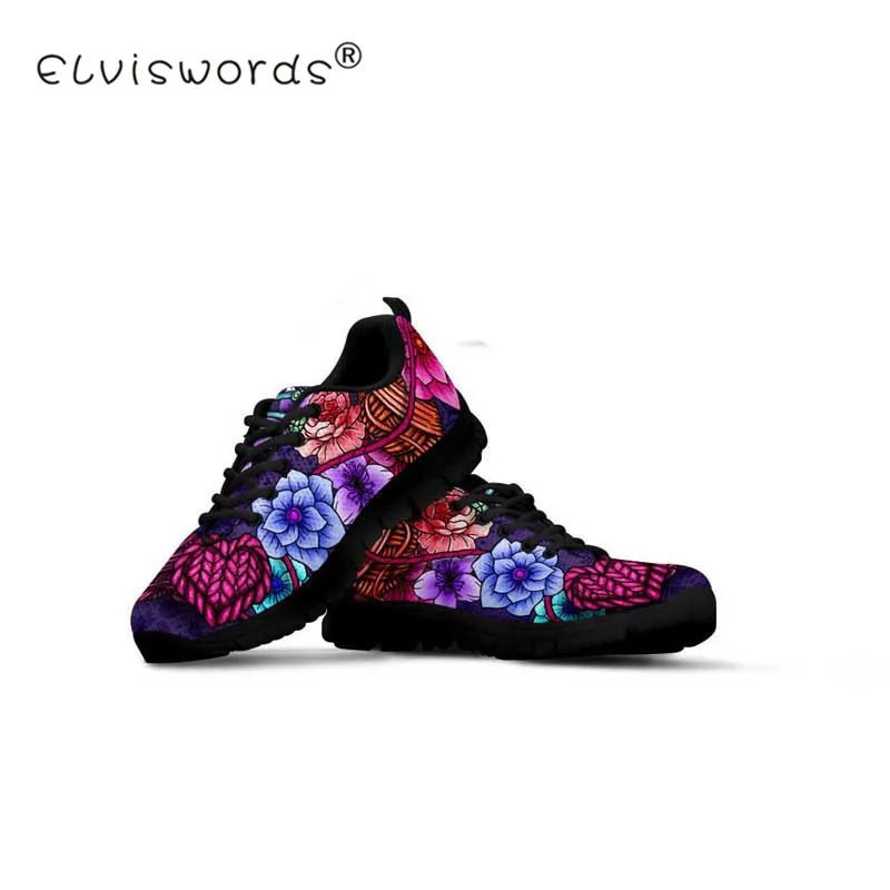 

ELVISWORD Floral Knitting Sneakers Printig Women Mesh Flats Black Shoes Plat form Teenager Girls Casual Female Non-slip Footwear
