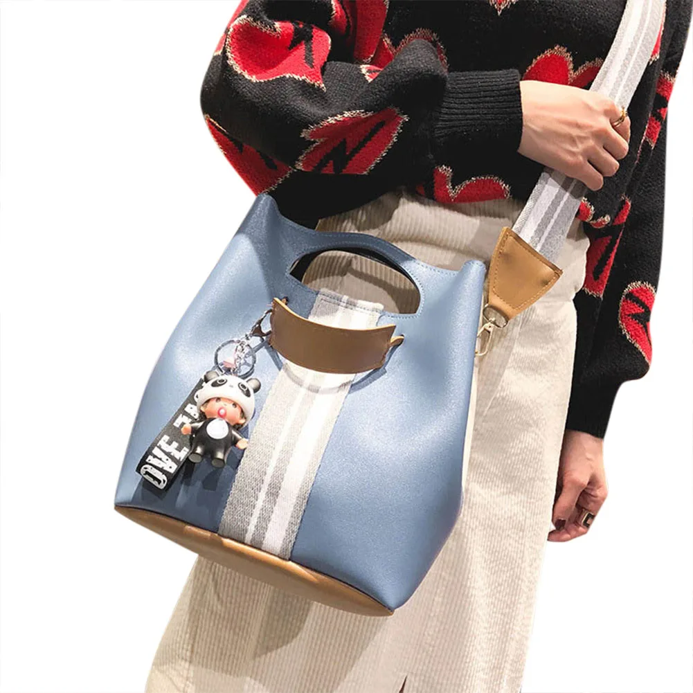 

Women PU Leather Bucket Shoulder Bags with Pendant Wide Guitar Strap Handbag Messenger Bag Popular