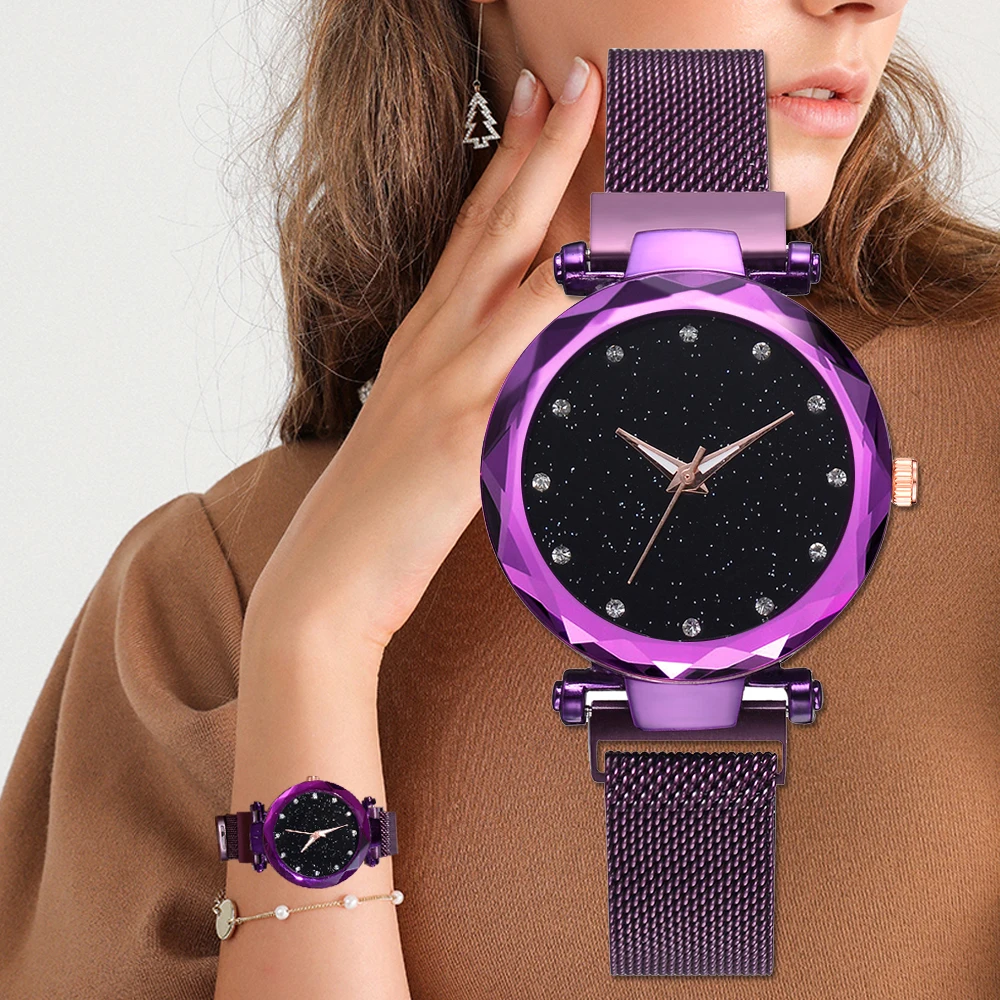 Top relojes de marca para las mujeres de oro rosa de malla de imán hebilla estrellado reloj de cuarzo geométrica superficie Casual reloj de cuarzo mujeres marca reloj tous señora de la manera de la trenza de la correa reloj de pulsera