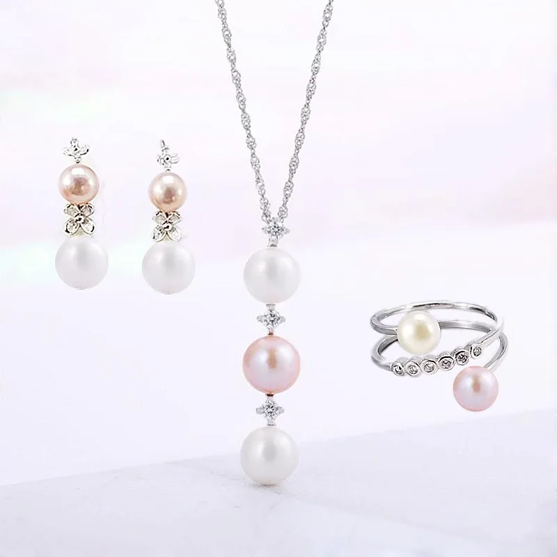 

[MeiBaPJ] New Natural Freshwater Pearls 2 Colors Jewelry Set Real 925 Silver Necklace Earrings & Ring 3 Pieces Set for Women