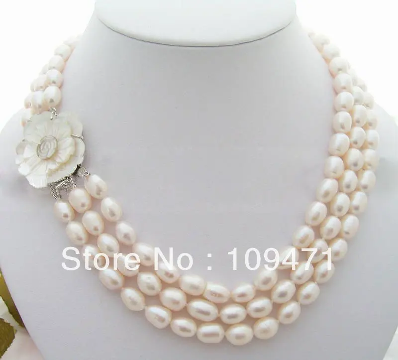 

3Strds 10x8mm White Rice Pearl Necklace