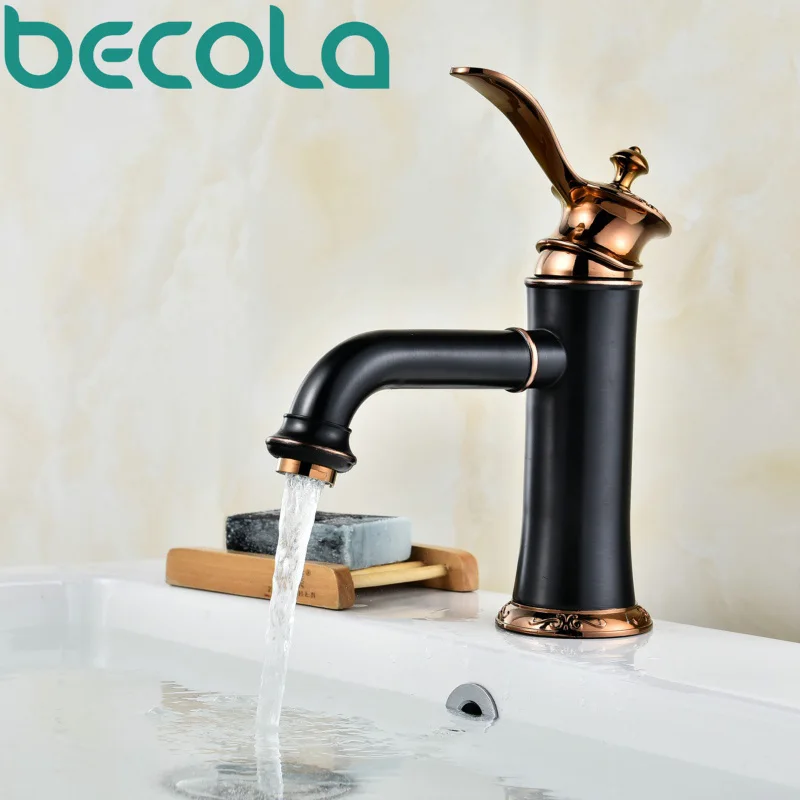 becola new design basin faucets rose gold handle bathroom faucet high quality solid brass black basin tap B-535