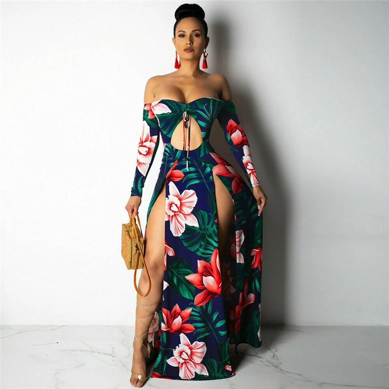 

Women's Vintage Floral Print Dress Off Shoulder Long Sleeve Split Maxi Beach Party Sundress 2019 Boho Sexy Summer Ladies Clothes