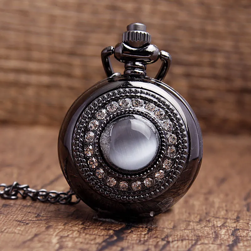 

Lurxury purple gem white crystal Inlaid dial black stainless steel quartz pocket watch pendant Sweater necklace chain gift Women