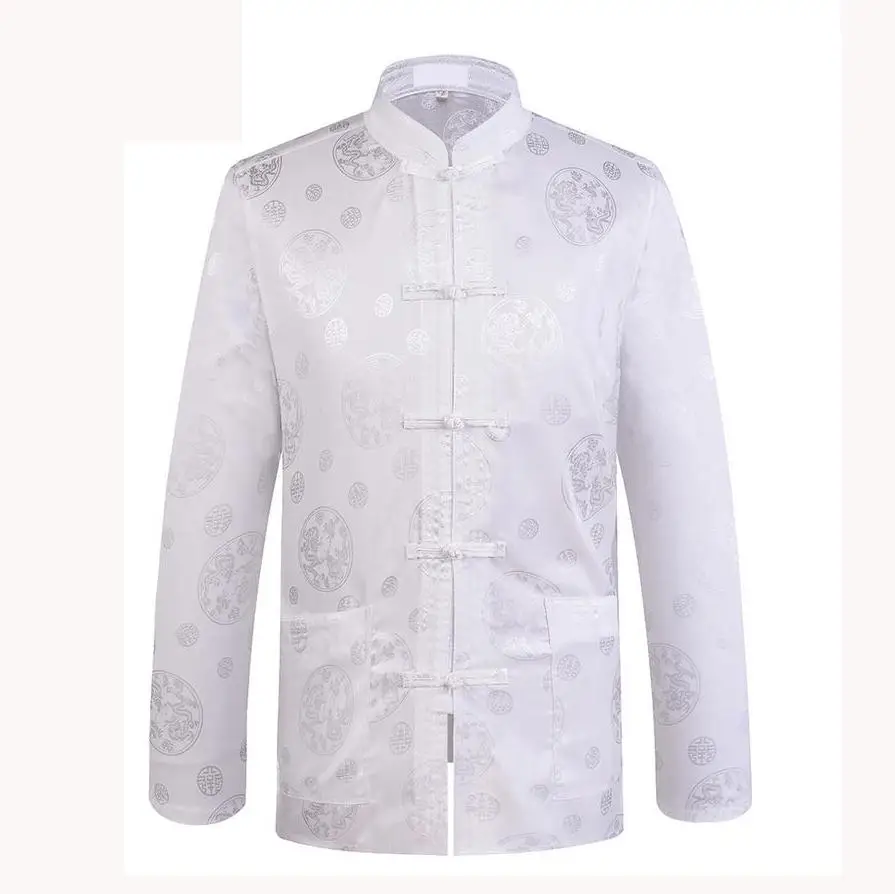 Осень человек дракон Кунг Фу куртка пальто Традиционный китайский воротник мандарина Тан костюм одежда для мужчин Camisa Masculina - Цвет: white dragon 2