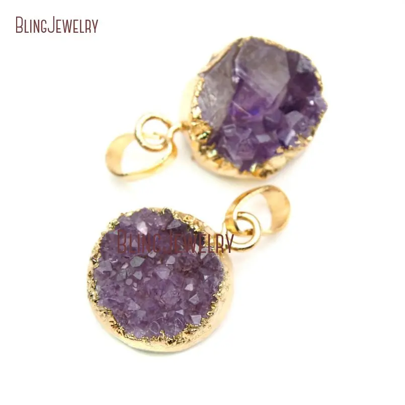 

Amethysts Drusy Druzy Cluster Pendant Gold Dipped Amethysts Round Drussy Gold Electroplated Pendant PM16464