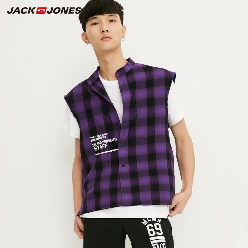 

MLMR Men's Stand-up Collar Plaid Letter Print Sleeveless Straight Shirt M|218204506