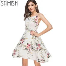 Saimishi Summer Fashion Floral Print Spaghetti Strap Dress Sleeveless Backless Cami Beach Dress Knee Length Dress