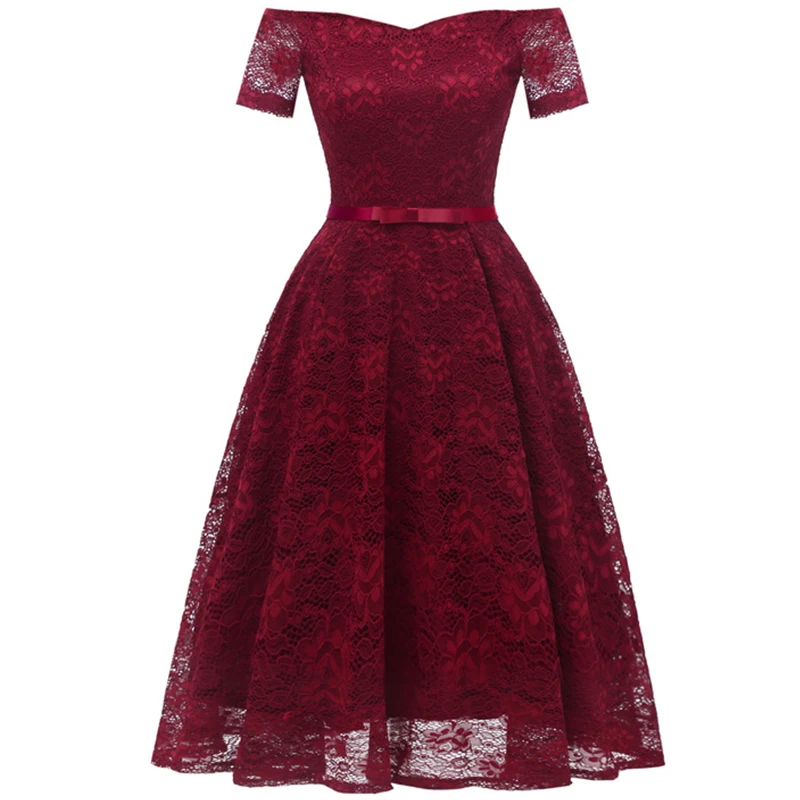 

Women Lace Dress Elegant Red Lace dress Women V-Neck Short Sleeve Sashes Tunic 2019 Summer Ladies Sexy Evening Party Dresses