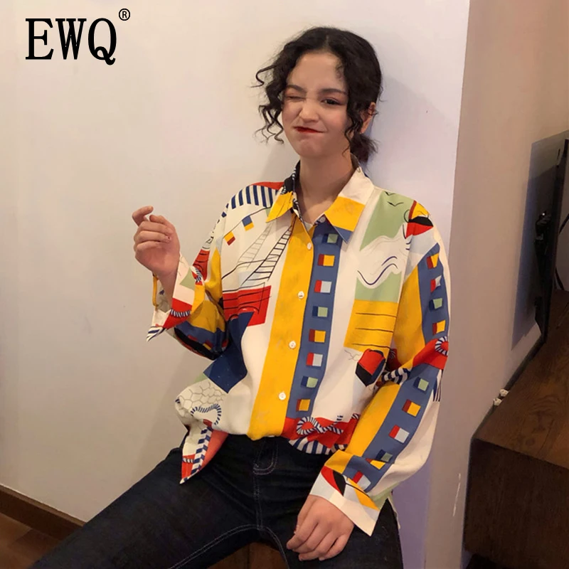 

[EWQ] 2019 Spring Autumn New Patterm Turn Down Collar Print Patchwork Single Breasted Vintage Shirt Women Fashion Tide AG76309