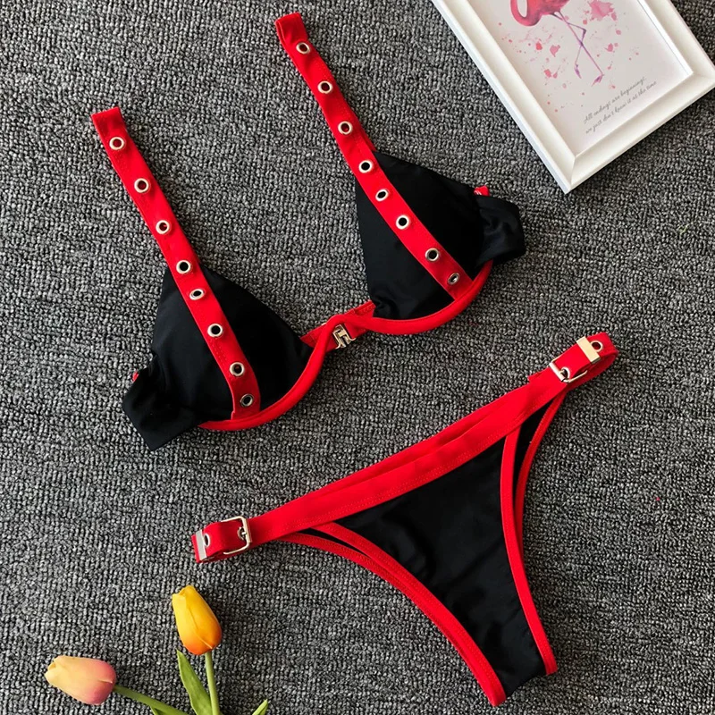 

New Metal buckle Underwired Bikini 2019 Women Swimsuit Female Swimwear Two-pieces Bikini set Sexy Push Up Bathing Suit swim Lady