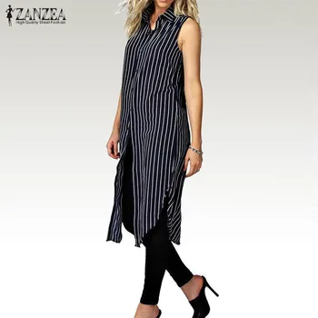 

2020 Autumn ZANZEA Women Stripe Print Shirts Dress Ladies Lapel Sleeveless Split Hem Casual Loose Long Tops Vestidos Plus Size