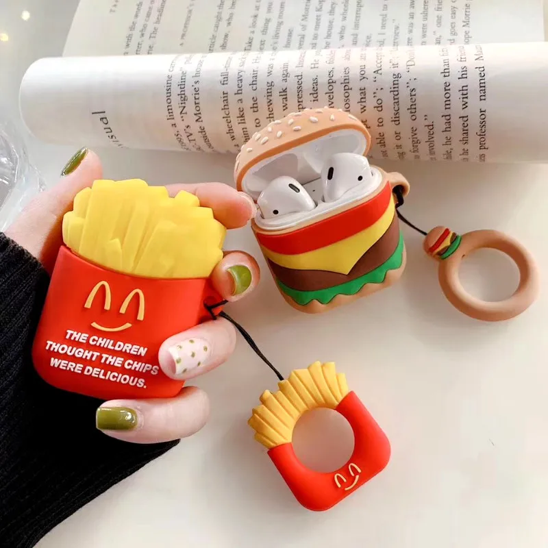 

3D Silicone Protective Case for AirPods 1/2 Hamburger French Fries Bluetooth Earphone Charger Box Cover Phone Finger Ring Straps