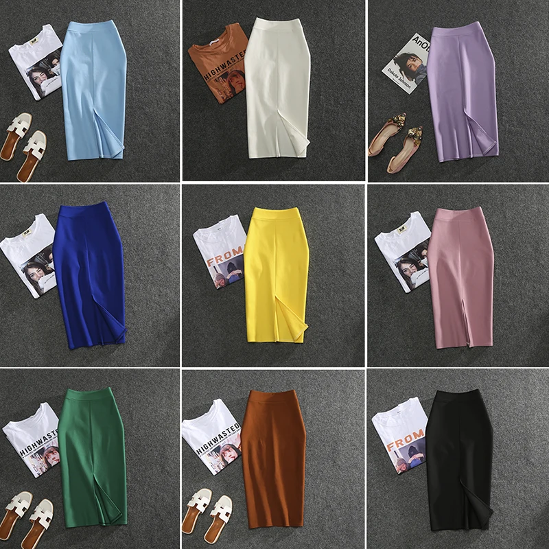 

Summer Sexy Candy Color Women Slim Split High Waist Pencil Bodycon Skirt OL Lady Work Office Wear Hip Step Bust Package Skirt