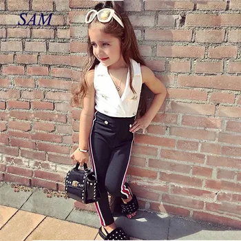 

Girls clothes ins children's Europe and American summer sleeveless v-neck shirt + pants two sets kids fashion clothes