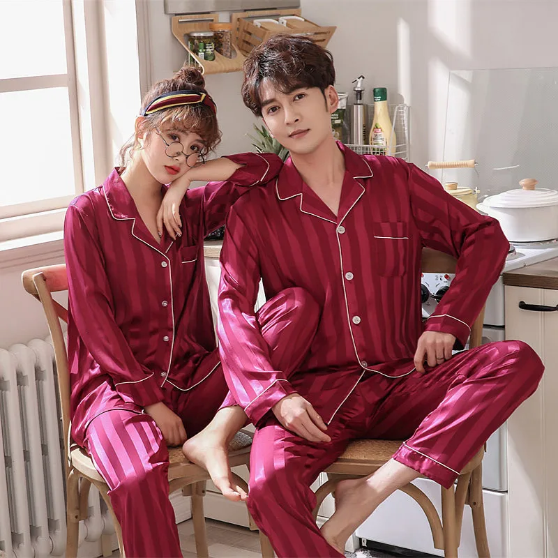 

Couple Pajamas 2019 Spring and Autumn Ice Silk Pajamas Long-sleeved Silk Men and Women Comfortable Large Size Pajamas Set