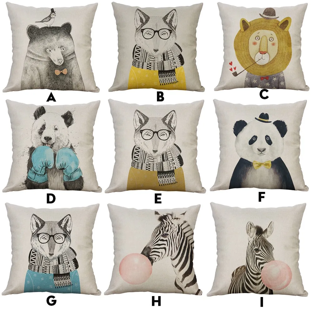 

Chair Cushions Simple Linen Creative Lovely Pillowcase Cute Animals Fox Lion Pandas Car Chair Sofa cojines grandes Kissen