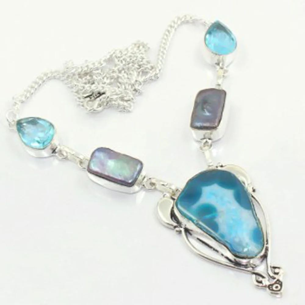 

Solar Quarts & Blue Topas & Biwa Pearls Necklace Silver Overlay over Copper, 50.1 cm, N3801