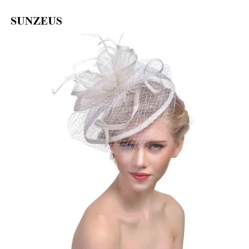 Женские головные уборы цвета шампанского, лицевая вуаль, Свадебные шляпы с перьями, новые льняные вуалетки, тюлевые женские вечерние аксессуары для волос SH32
