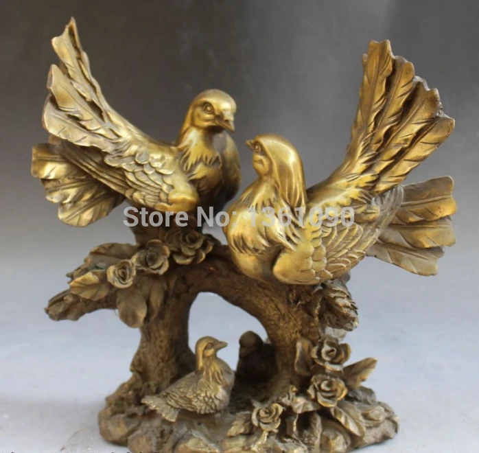 

xd 001140 10" Chinese Bronze Carving Flower Three Only Bird Parrot Animal Statue Sculpture