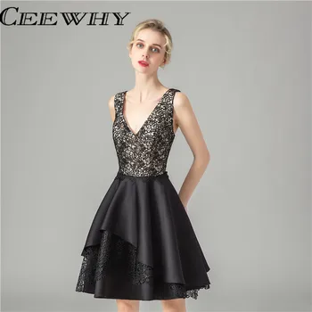 

Robe De Soire Little Black Dress Elegant Lace Formal Dress V-Neck Cocktail Dresses Women 2019 Prom Gowns Homecoming Dresses Mini