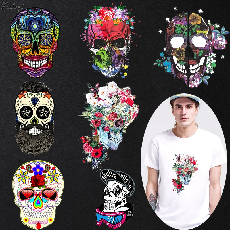 

Pulaqi Cool Punk Skull Iron On Transfer Washable Patches Printed Rock Style Heat Transfer Vinyl For T-shirt Decor Accessories F