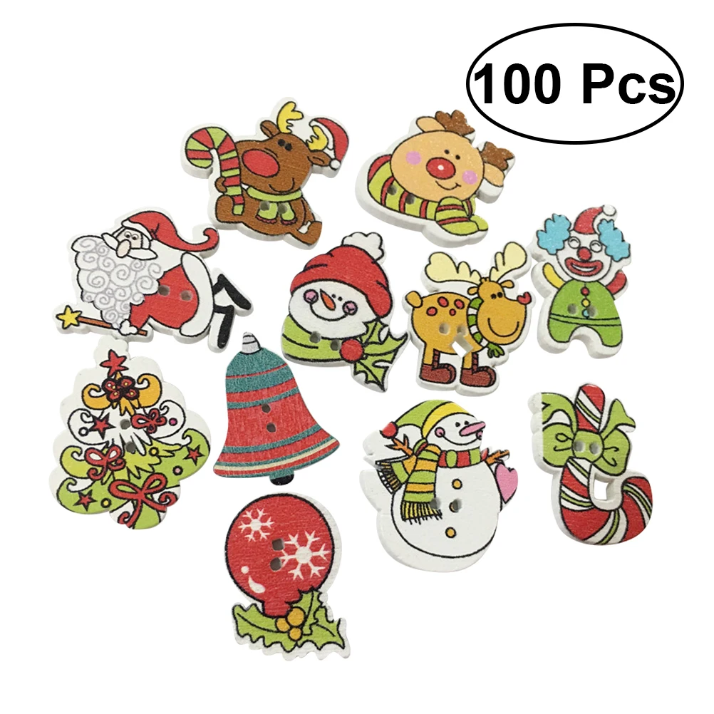 100 Pcs 2.5cm Wood Buttons Mixed Santa Claus Elk Snowman Christmas DIY for Clothes Crafts | Дом и сад