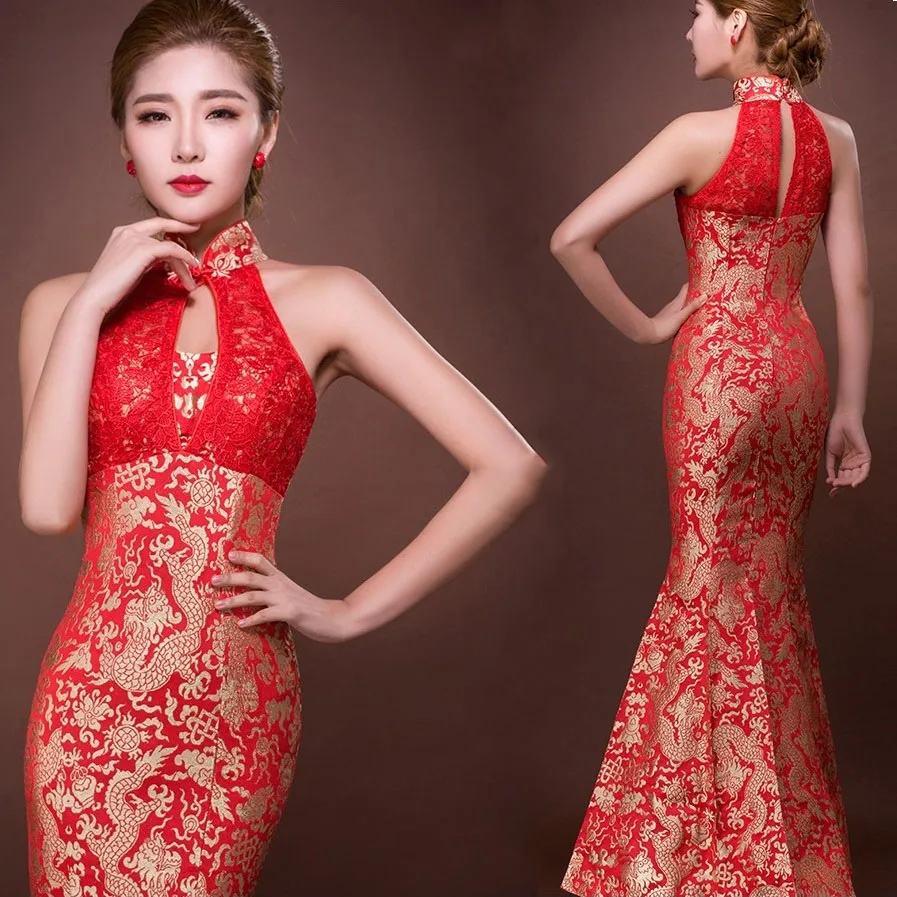 Buy halter lace backless fishtail red sleeveless bride