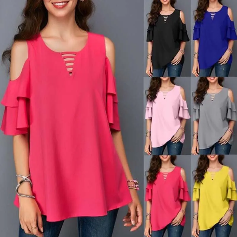 

blusas verano mujer 2019 chiffon blouses woman elegantes Short sleeve ruffle open shoulder New trendy plus size 5xl tops blouse