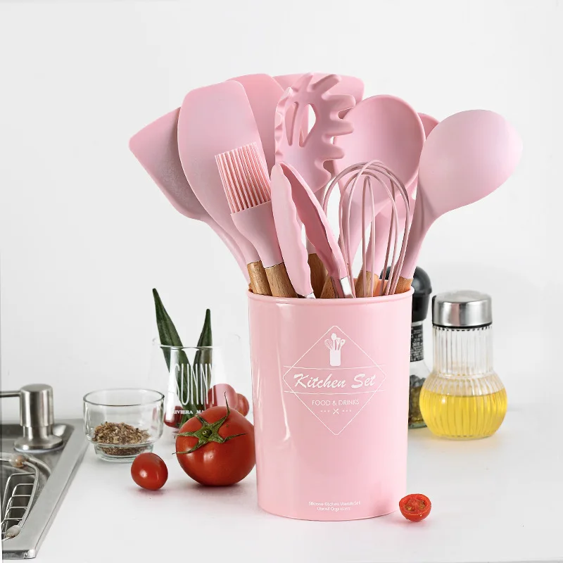 9 Piece Pink Colored Silicone Kitchen Utensils Set with Wooden