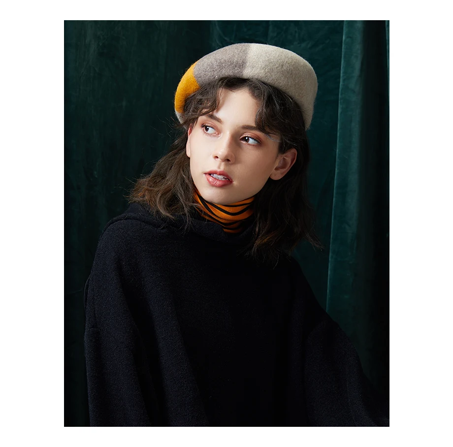 Winter Beret Female 2018 New 100% Cashmere Hats For Women Flat Cap Wool Knit Hats Lady Three-color Patchwork Berets Painter Hat  (6)