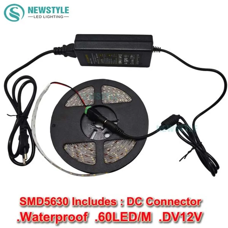 Super bright 5 m 300 leds smd 5630 tira conduzida branco frio/branco quente 12 v à prova d' água + 36 w fonte de alimentação adaptador free grátis