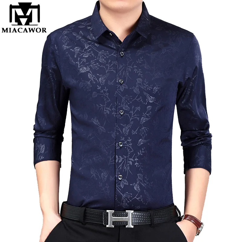 

MIACAWOR New 2019 Casual Shirts Men Fashion Print Shirt Autumn Long Sleeve Camisa Masculina Slim Fit Dress Shirts C383