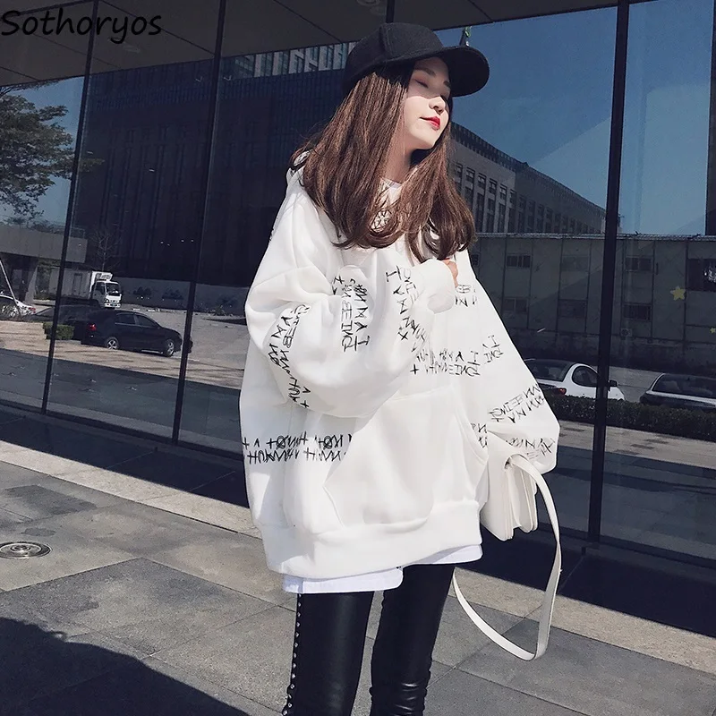 Женские толстовки с капюшоном,, длинные, с буквенным принтом, свободные, Harajuku, толстовки для женщин, корейский стиль, Ulzzang, женская одежда для отдыха
