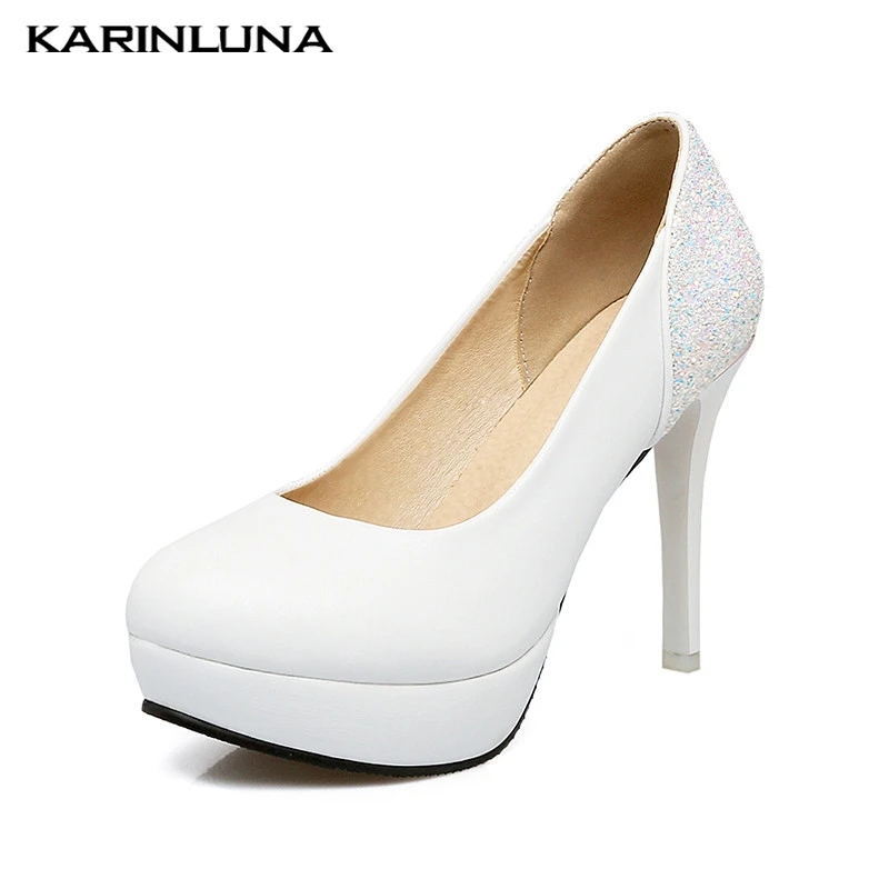 

KarinLuna 2019 Spring Autumn Bling Glitter Date Pumps Platform Shallow Wedding Shoes Woman Plus Size 31-45 Women Lady Shoe woman